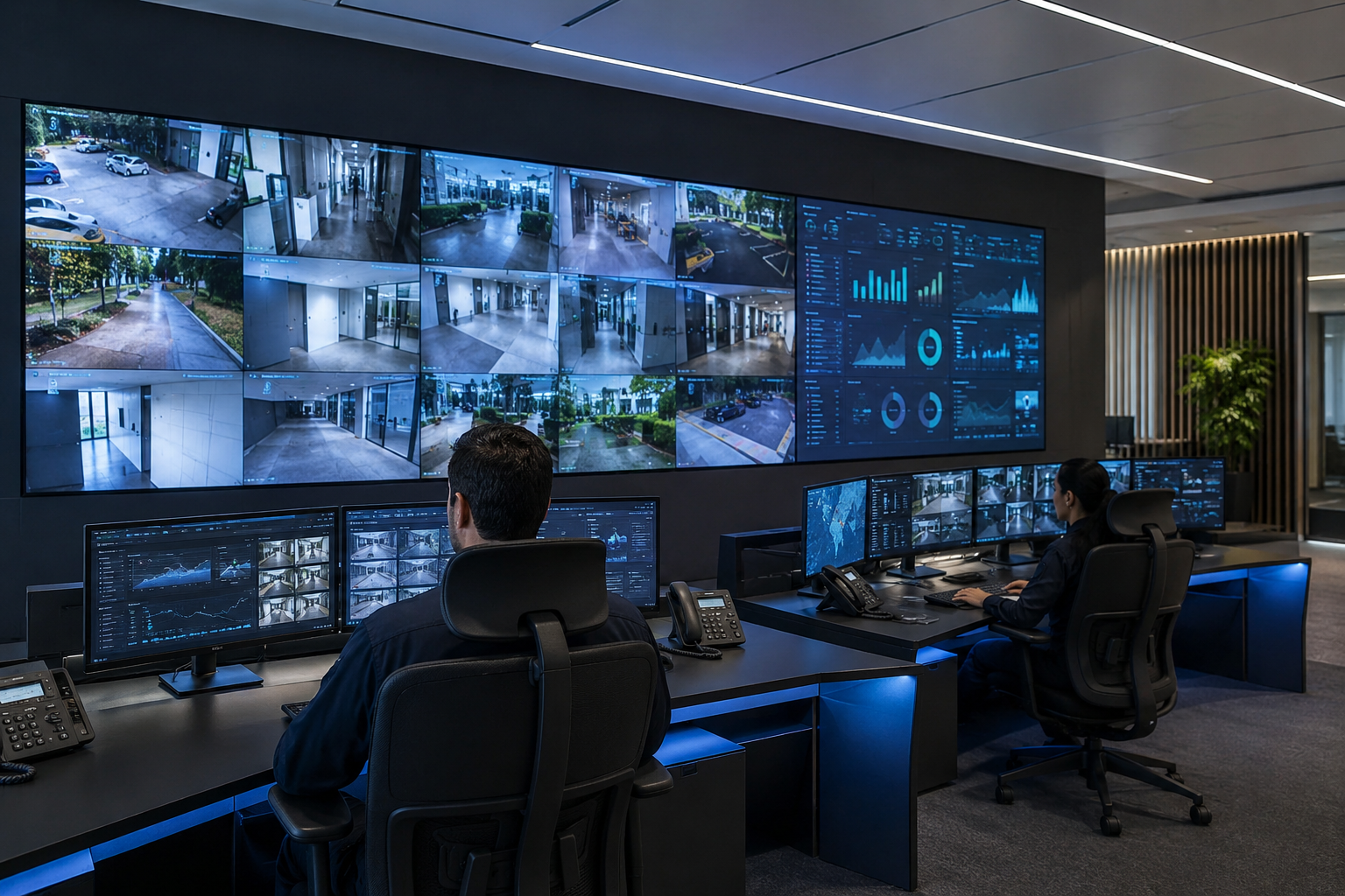 Illustration of a modern security monitoring control room